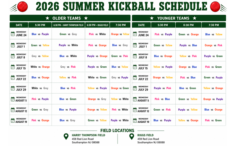 Summer Kickball Schedule